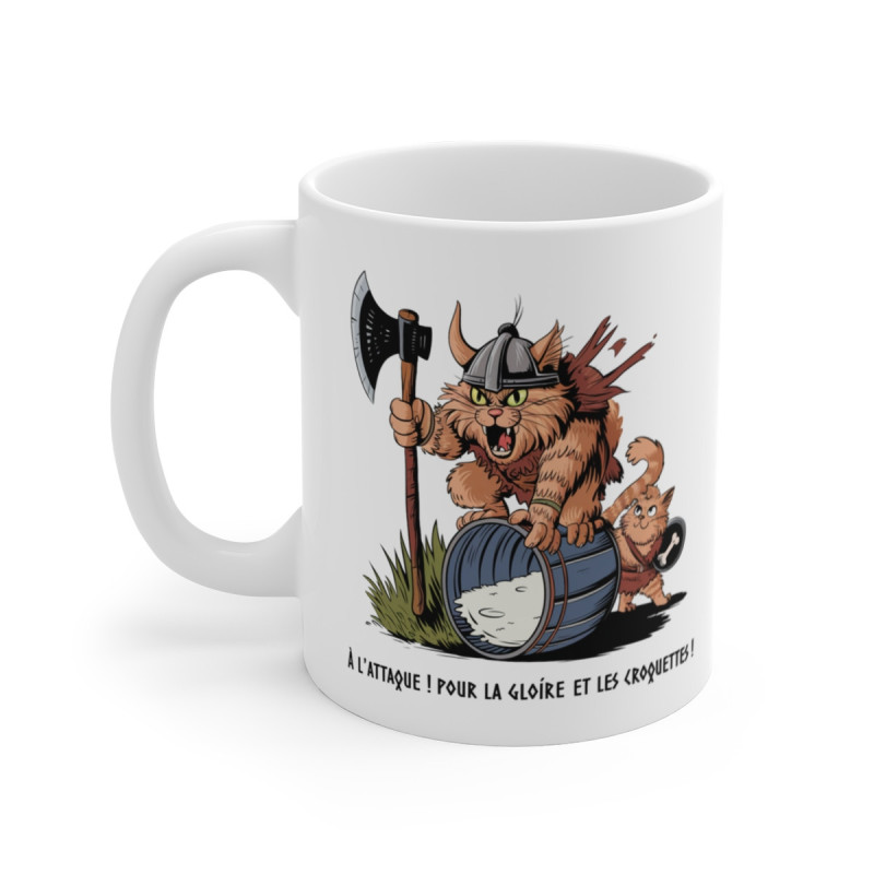 Mug Tasse Drôle Chat Viking – "À l’attaque ! Pour la gloire et les croquettes !" – Humour & Guerrier Nordique