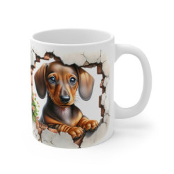 Mug Teckel Mignon - Tasse Chien Daschund Effet 3D Mur Brisé Idée Cadeau Fleurs