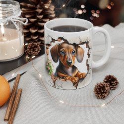 Mug Teckel Mignon - Tasse Chien Daschund Effet 3D Mur Brisé Idée Cadeau Fleurs