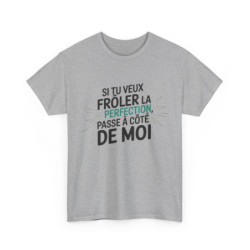 T shirt– "Si tu veux frôler la perfection, passe à côté de moi" – Blanc ou Gris – Tailles S à 3XL tee shirt humour