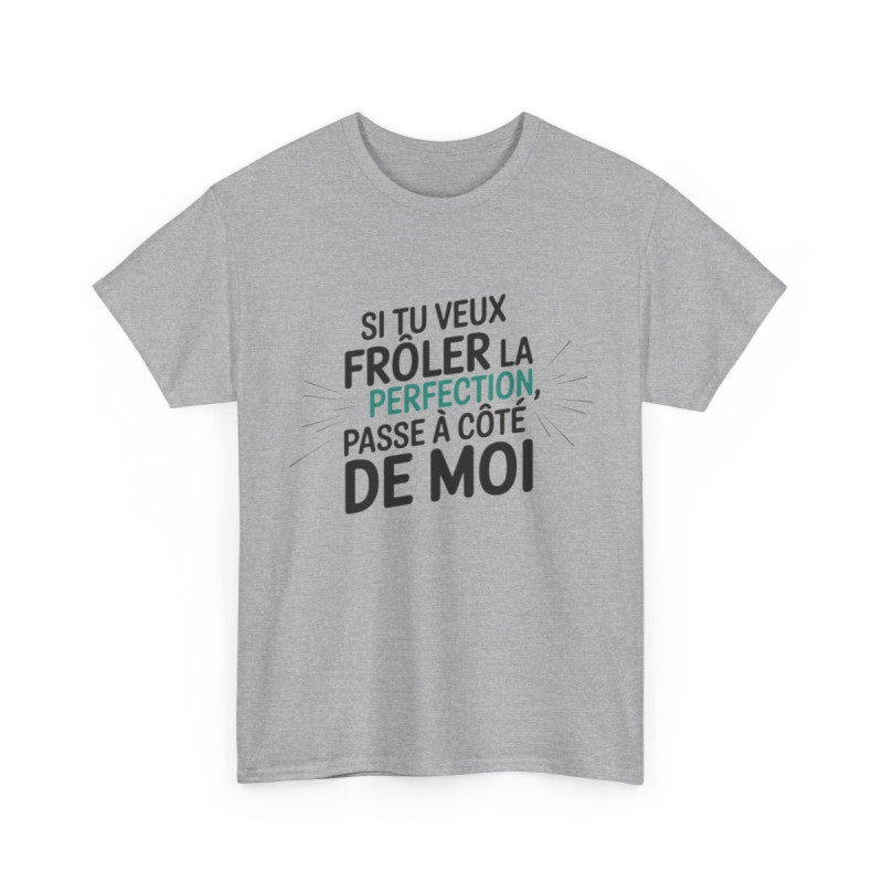 T shirt– "Si tu veux frôler la perfection, passe à côté de moi" – Blanc ou Gris – Tailles S à 3XL tee shirt humour