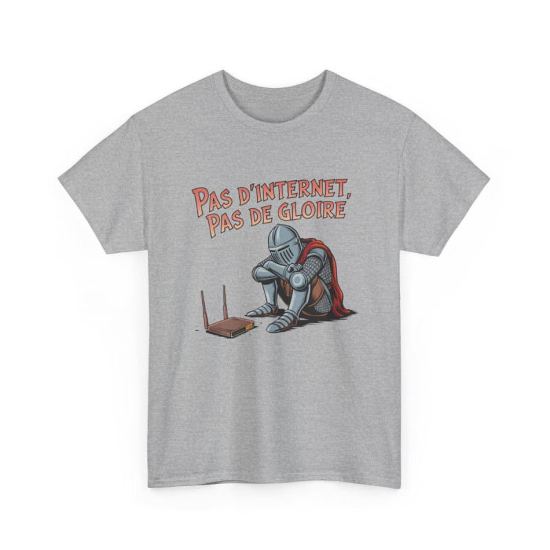 T shirt Chevalier Geek Pas d’Internet, Pas de Gloire  Humour Médiéval Déconnecté Blanc Noir Gris tee shirt