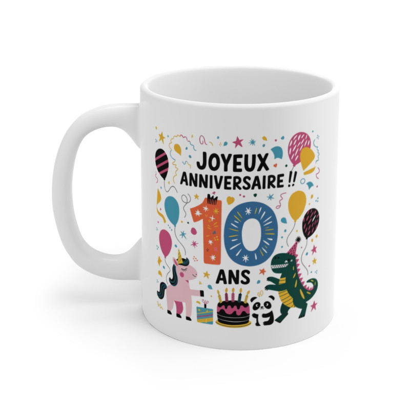 Mug Tasse Joyeux Anniversaire 10 Ans  Dinosaure & Licorne Cadeau Enfant Fille Garçon