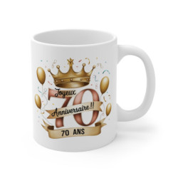 Mug Tasse Joyeux Anniversaire 70 Ans Design Couronne Royale & Ballons Dorés Idée Cadeau Symbolique et Festif