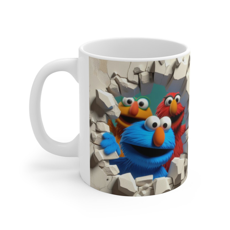 Mug Sesame Street Tasse vintage avec personnages Elmo et Cookie Monster Mur cassé style cartoon