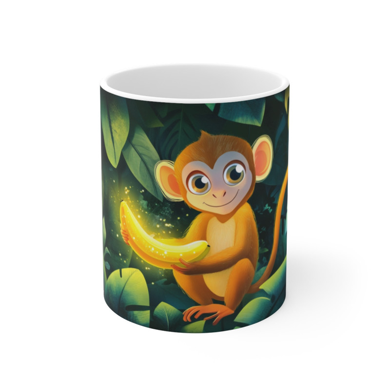 Mug Singe Joyeux à la Banane – Tasse Jungle Tropicale Étincelante avec Feuillage Émeraude