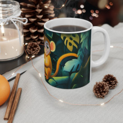 Mug Singe Joyeux à la Banane – Tasse Jungle Tropicale Étincelante avec Feuillage Émeraude