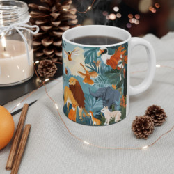 Mug Tasse Safari Illustré – Scène de Jungle avec Animaux Sauvages Stylisés