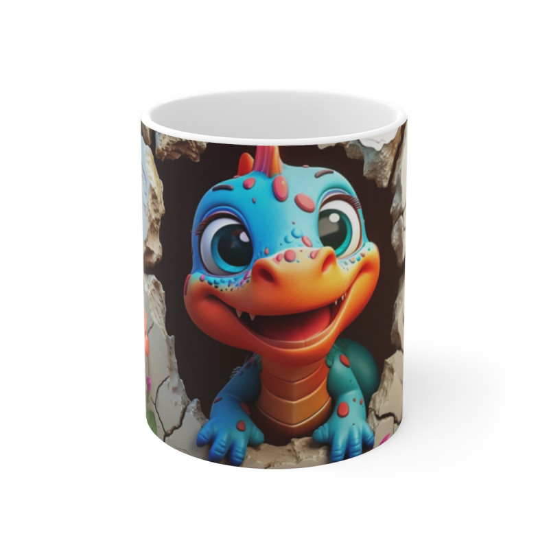 Mug Tasse Dinosaure Cartoon Mignon – Bébé Dino Bleu Orange Enfant Adulte Fleurs Colorées