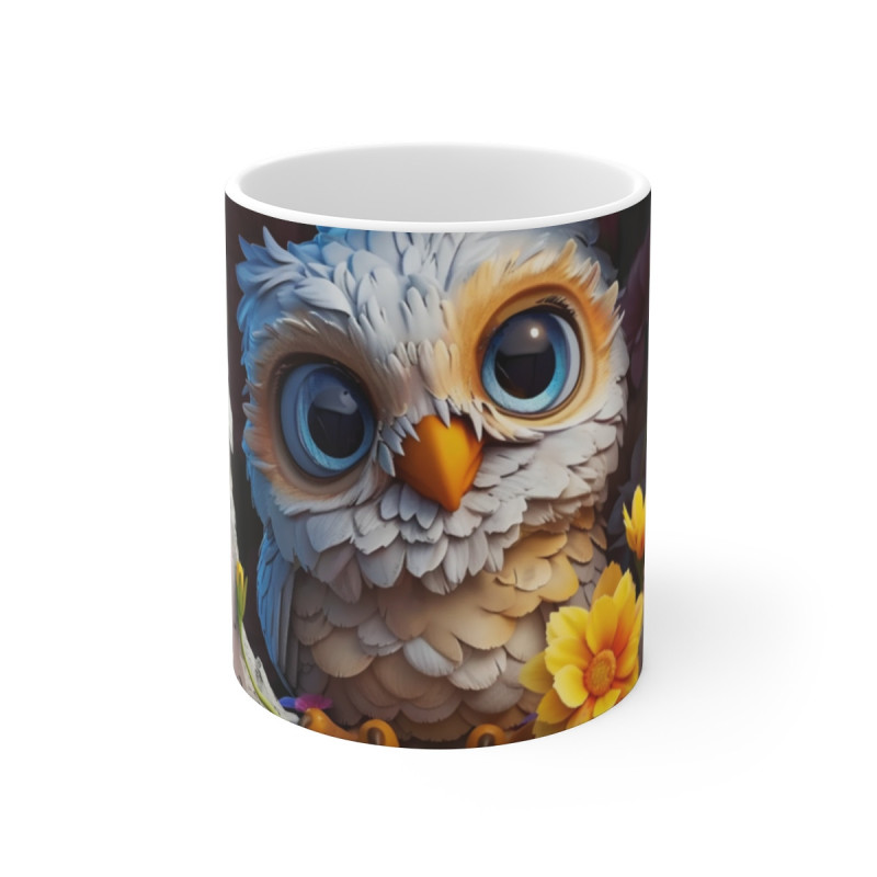 Mug Tasse Chouette Mignonne – Bébé Hibou Blanc aux Yeux Bleus Mur Craquelé Fleurs Colorées