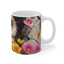 Mug Tasse Chouette Mignonne – Bébé Hibou Blanc aux Yeux Bleus Mur Craquelé Fleurs Colorées