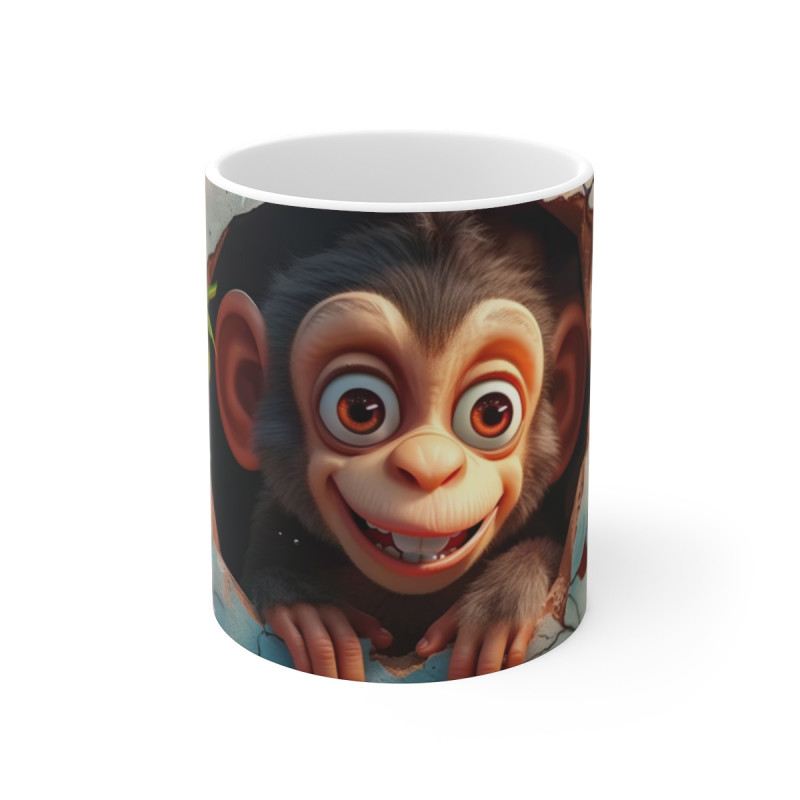Tasse Mug Bébé Singe Mignon – Petit Singe Cartoon Malicieux avec Fleurs Roses et Mur Craquelé