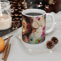 Tasse Mug Bébé Singe Mignon – Petit Singe Cartoon Malicieux avec Fleurs Roses et Mur Craquelé