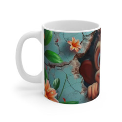 Tasse Mug Singe Bébé Marrant – Petit Singe Cartoon Rieur dans Mur Craquelé Bleu avec Fleurs Tropicales