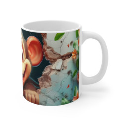 Tasse Mug Singe Bébé Marrant – Petit Singe Cartoon Rieur dans Mur Craquelé Bleu avec Fleurs Tropicales