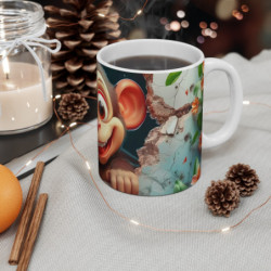 Tasse Mug Singe Bébé Marrant – Petit Singe Cartoon Rieur dans Mur Craquelé Bleu avec Fleurs Tropicales