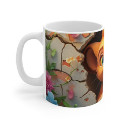 Tasse Lionceau Mignon – Mug Lion Cartoon Sourire Adorable avec Mur Vintage et Fleurs Pastel