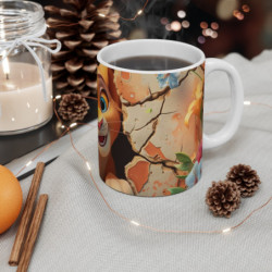 Tasse Lionceau Mignon – Mug Lion Cartoon Sourire Adorable avec Mur Vintage et Fleurs Pastel