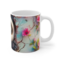 Tasse Panda Adorable – Mug Panda Cartoon Regard Espiègle avec Fleurs Roses et Fond Vintage Craquelé