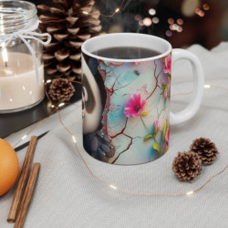 Tasse Panda Adorable – Mug Panda Cartoon Regard Espiègle avec Fleurs Roses et Fond Vintage Craquelé