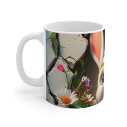 Tasse Lapin Adorable – Mug Cartoon Lapin Blanc Curieux avec Fleurs Printanières et Mur Vintage Fissuré