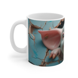 Tasse Cochon Rigolo – Mug Cochonnet Rose Cartoon avec Mur Bleu Fissuré, Tasse Mignonne pour Amoureux des Animaux