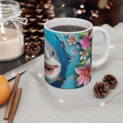 Tasse Requin Marrant – Mug Requin Cartoon avec Décor Océanique et Fleurs, Cadeau Amusant pour Amateurs de la Mer
