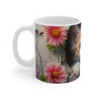 Tasse Chat Mignon – Mug Chaton Roux Cartoon aux Yeux Bleus avec Fleurs Roses et Mur Craquelé
