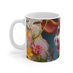 Tasse Vache Drôle – Mug Vachette Cartoon Mignonne avec Mur Fissuré Vintage et Fleurs Jaunes, Tasse Ferme Amusante