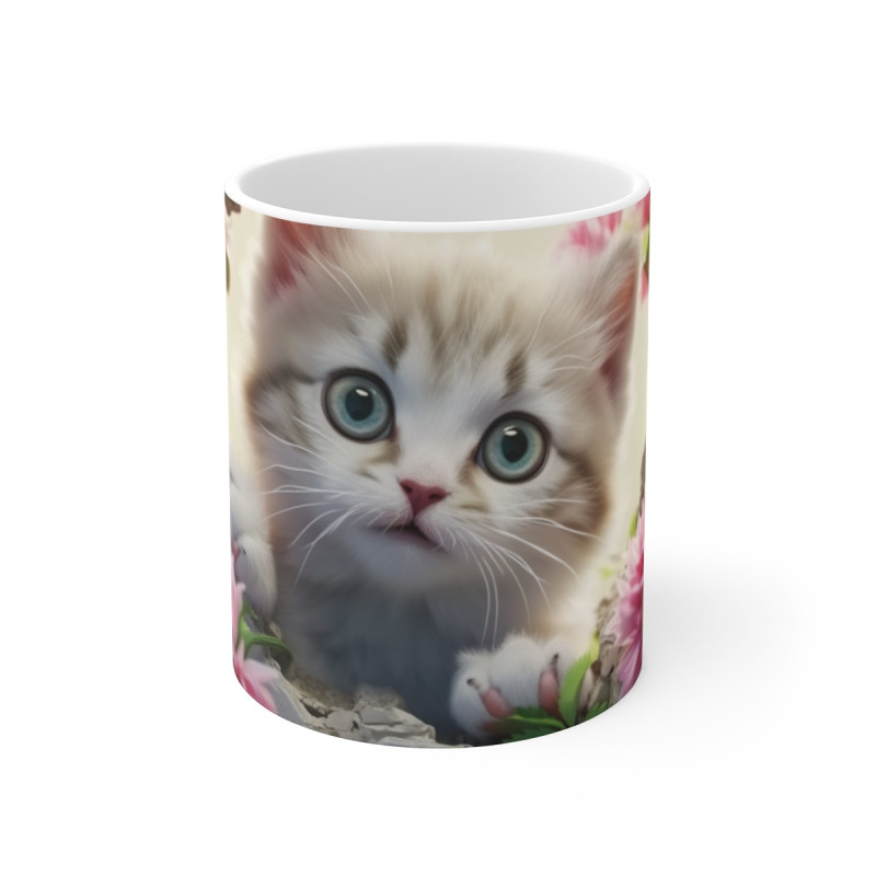 Tasse Chaton Adorable – Mug Chat Yeux Bleus dans Mur Fissuré avec Fleurs Roses, Tasse Mignonne pour Amoureux des Chats