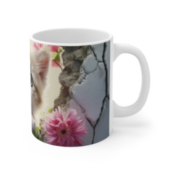 Tasse Chaton Adorable – Mug Chat Yeux Bleus dans Mur Fissuré avec Fleurs Roses, Tasse Mignonne pour Amoureux des Chats