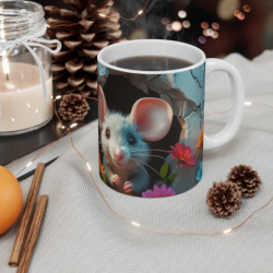 Tasse Souris Adorable – Mug Souris Cartoon Bleu-Gris avec Mur Fissuré et Fleurs, Tasse Mignonne Cadeau Animaux Rigolos