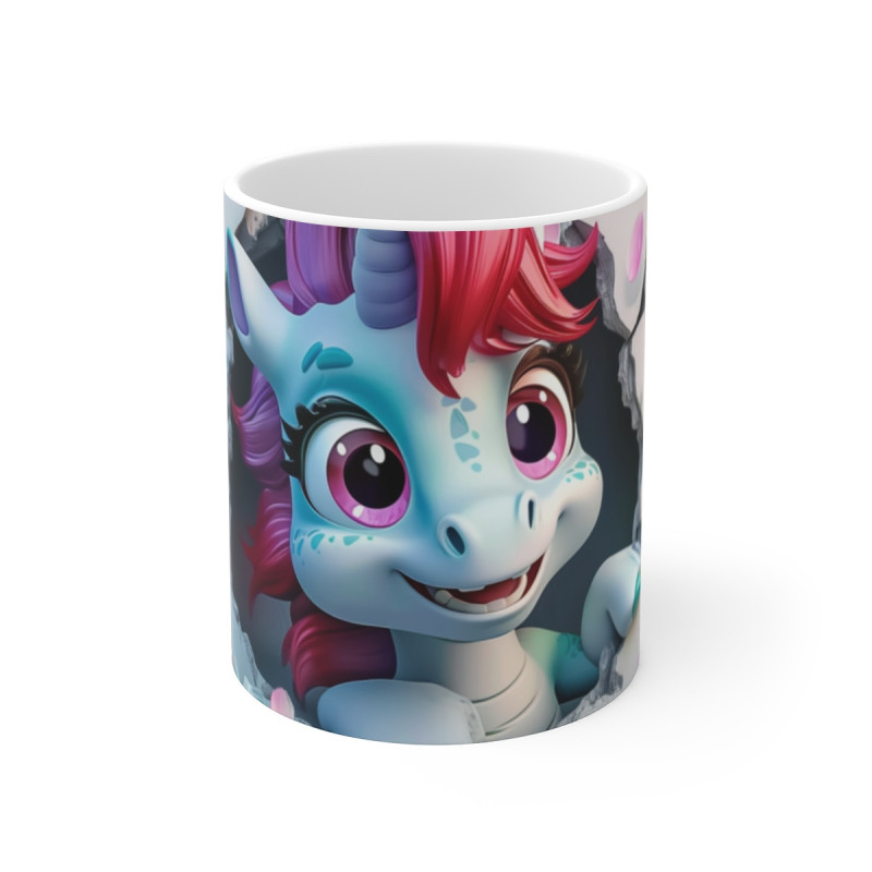 Tasse Licorne Mug Licorne Bleue avec Crinière Rose, Mur Craquelé Blanc et Fleurs Pastel, Cadeau Enfant Féérique