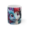 Tasse Licorne Mug Licorne Bleue avec Crinière Rose, Mur Craquelé Blanc et Fleurs Pastel, Cadeau Enfant Féérique