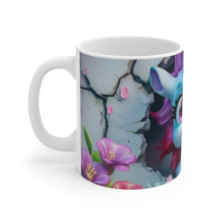 Tasse Licorne Mug Licorne Bleue avec Crinière Rose, Mur Craquelé Blanc et Fleurs Pastel, Cadeau Enfant Féérique