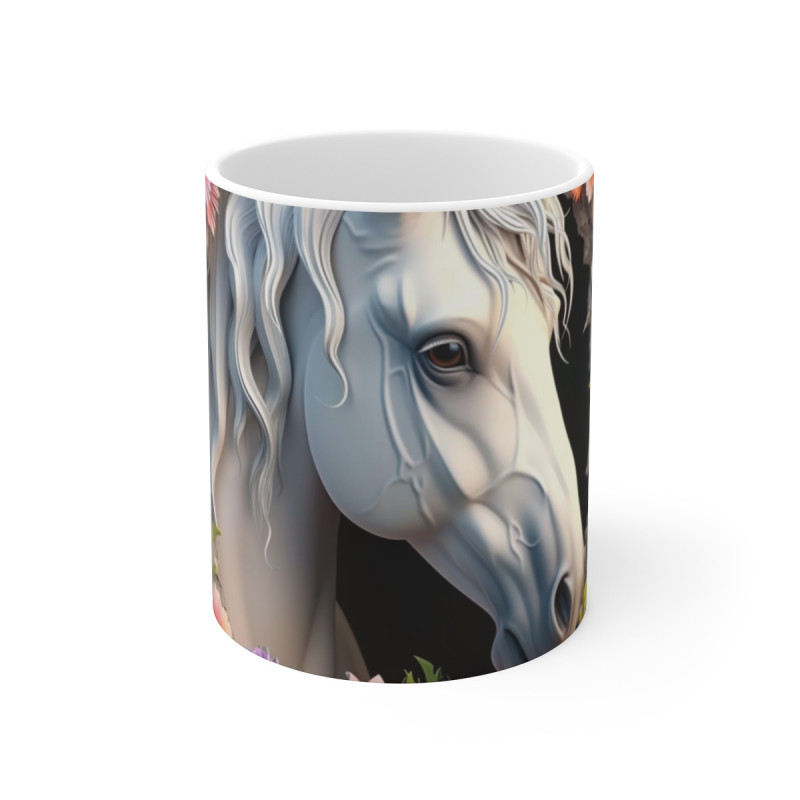 Tasse Cheval Blanc Élégant – Mug Cheval avec Crinière Blanche Ondulée, Mur Fissuré et Fleurs Colorées, Cadeau Équestre Chic
