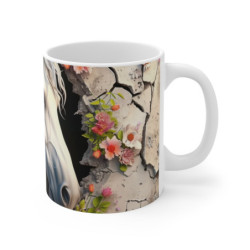 Tasse Cheval Blanc Élégant – Mug Cheval avec Crinière Blanche Ondulée, Mur Fissuré et Fleurs Colorées, Cadeau Équestre Chic