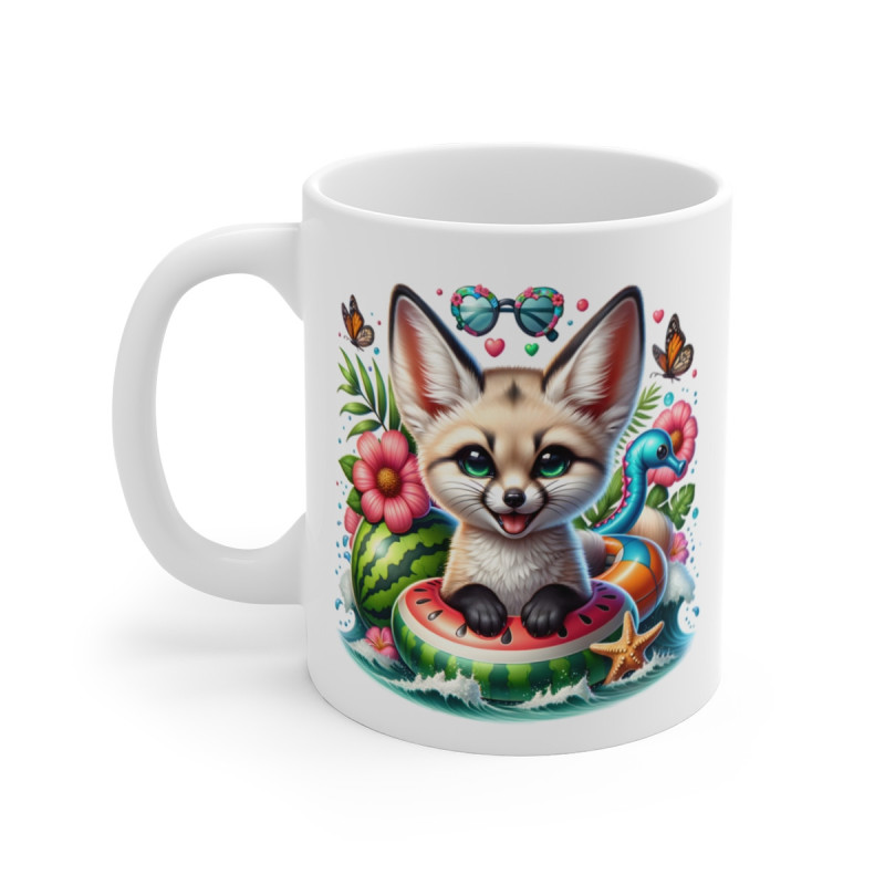 Mug Fennec Été – Tasse Cartoon Renard des Sables avec Bouée Pastèque, Vacances et Plage Tropicale