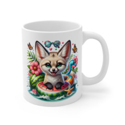 Mug Fennec Été – Tasse Cartoon Renard des Sables avec Bouée Pastèque, Vacances et Plage Tropicale