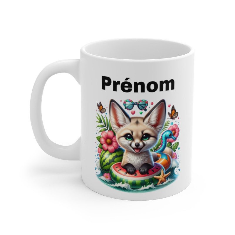 Mug Renard Fennec Été – Tasse Personnalisable Prénom, Renard Cartoon avec Bouée Pastèque & Décor Tropical