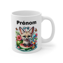 Mug Renard Fennec Été – Tasse Personnalisable Prénom, Renard Cartoon avec Bouée Pastèque & Décor Tropical