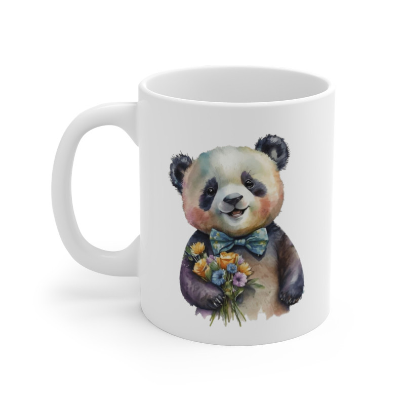 Tasse Panda Élégant – Mug Panda Aquarelle avec Fleurs et Nœud Papillon Bleu, Cadeau Mignon et Original