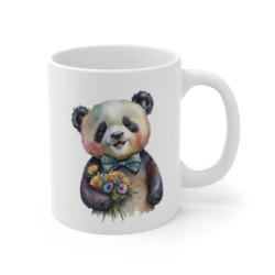 Tasse Panda Élégant – Mug Panda Aquarelle avec Fleurs et Nœud Papillon Bleu, Cadeau Mignon et Original