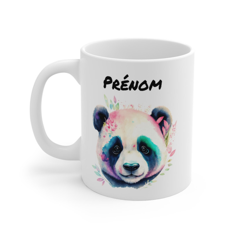 Tasse Panda Personnalisable – Mug Prénom avec Visage de Panda en Aquarelle, Design Floral Pastel et Coloré