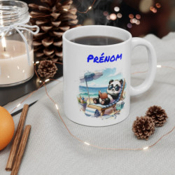 Tasse Panda Été Personnalisable – Mug Panda avec Lunettes, Lecture et Mer, Cadeau Mignon pour Vacances ou Détente