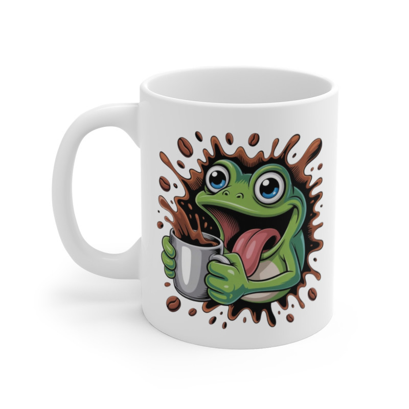 Tasse Grenouille Rigolote – Mug Café Cartoon avec Grenouille Surexcitée et Taches de Café, Cadeau Original Humour Matin