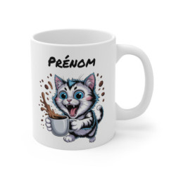 Tasse Chat Rigolo Personnalisable – Mug Chaton Énergique avec Café, Cadeau Humour pour Amoureux des Chats
