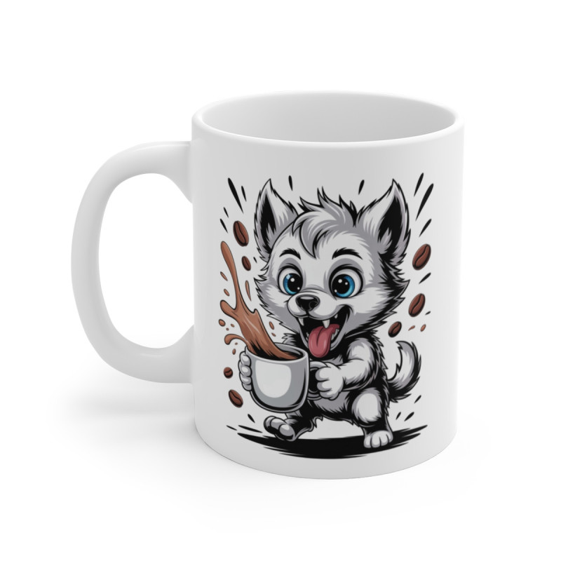 Tasse Loup Blanc Mignon – Mug Animal Rigolo, Idée Cadeau Originale, Loup Caféiné