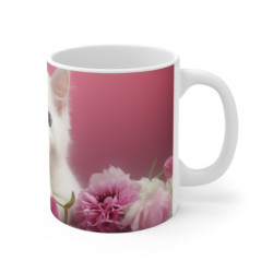 Tasse Chaton Blanc Mug Chat Mignon Fleurs Roses Idée Cadeau Femme Aime les Chats