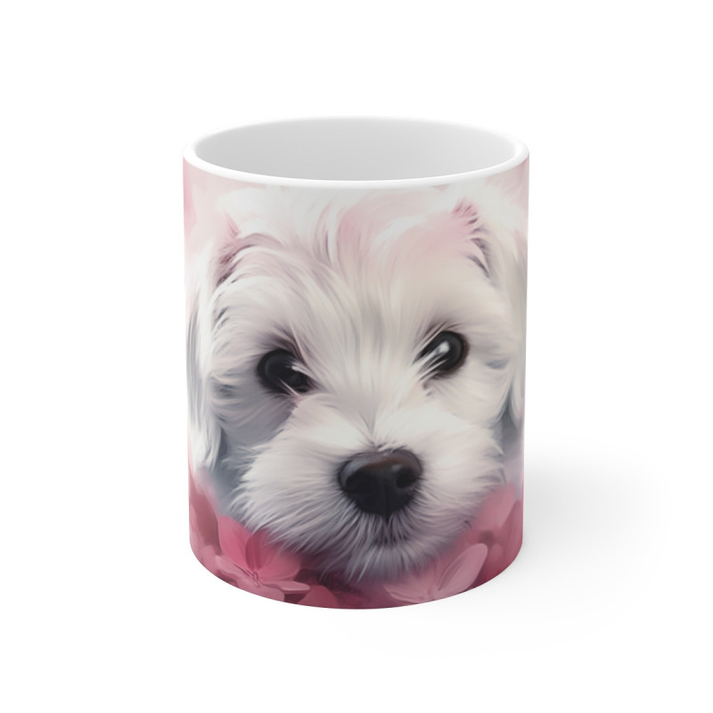 Tasse Chiot Blanc Mug Trop Mignon Chien Peluche Fond Rose Idée Cadeau Amoureux Animaux